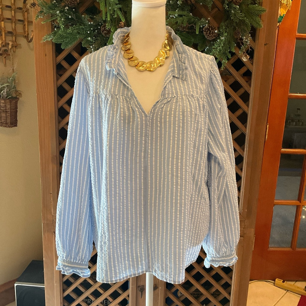 H&M Boho Nautical Striped Textured Blouse Medium ruffle collar